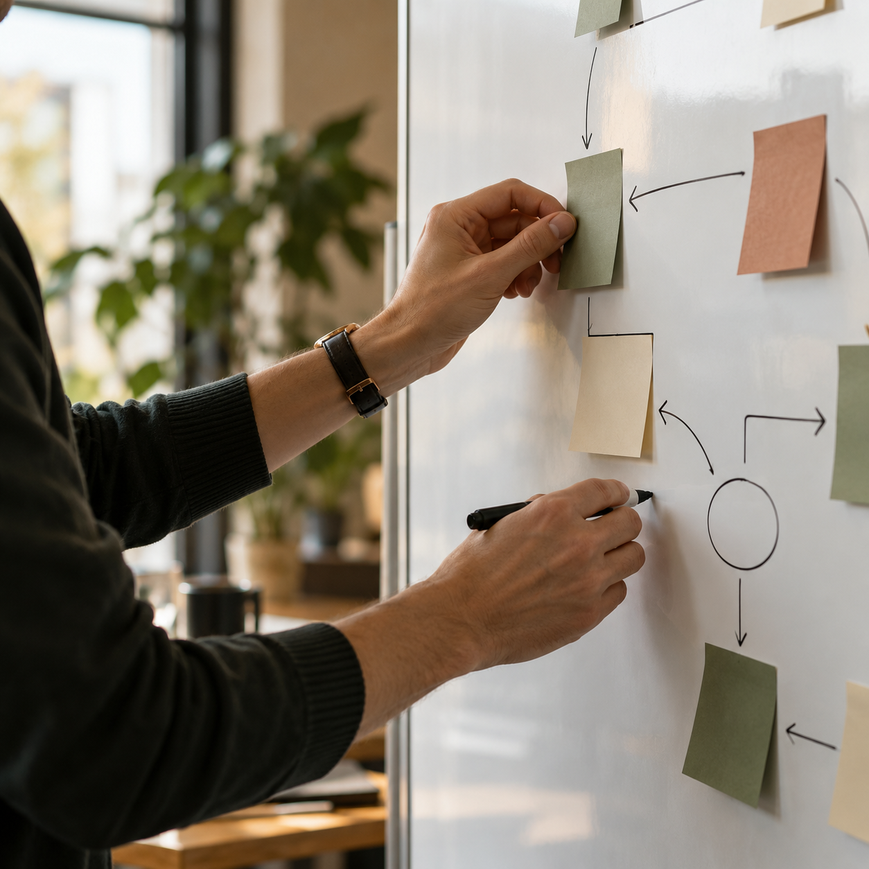 A strategist arranging a workflow diagram with sticky notes on a whiteboard.