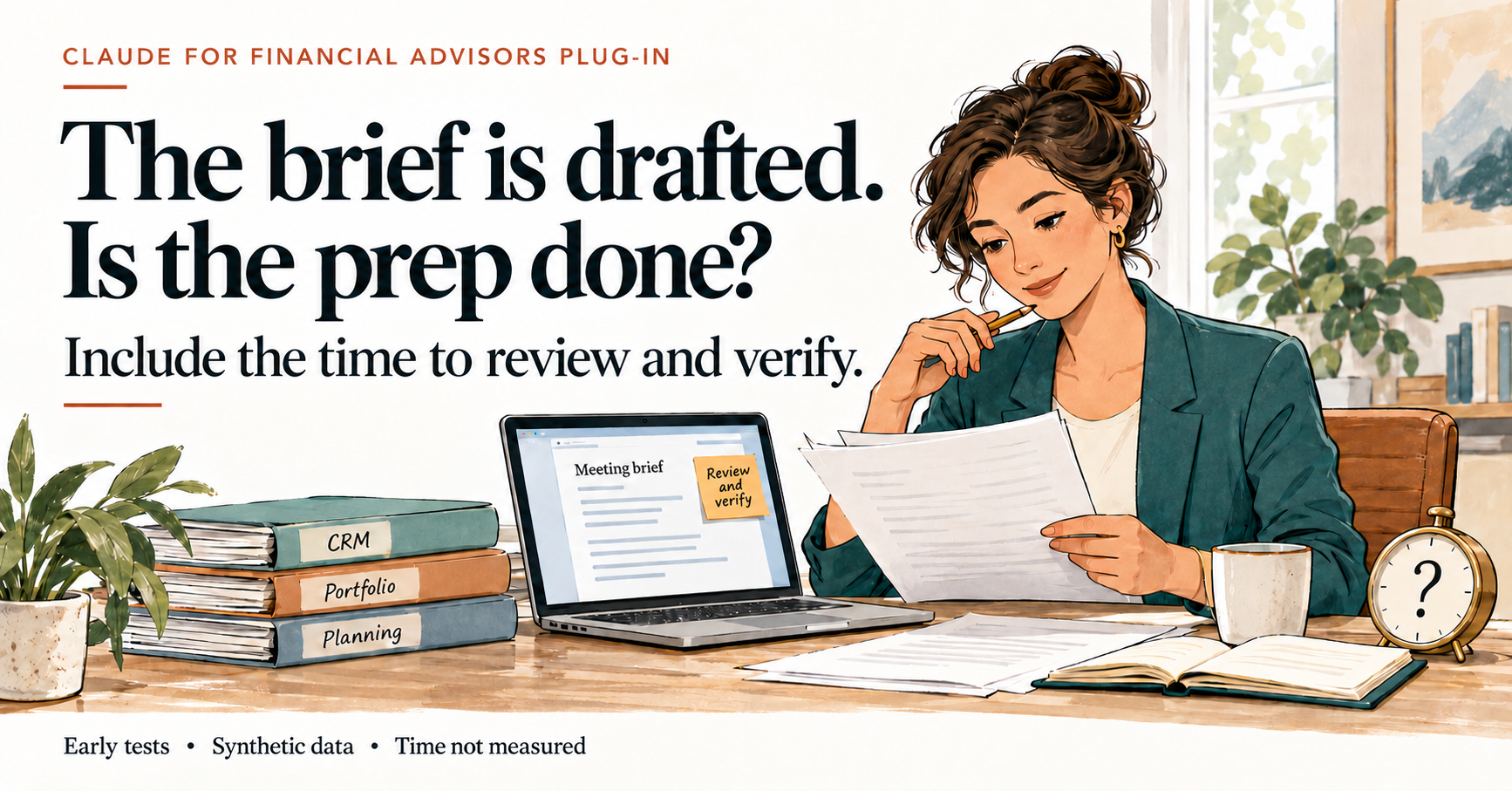 Illustration of an advisor reviewing an AI-drafted meeting brief alongside client records, with a reminder to include time to review and verify.