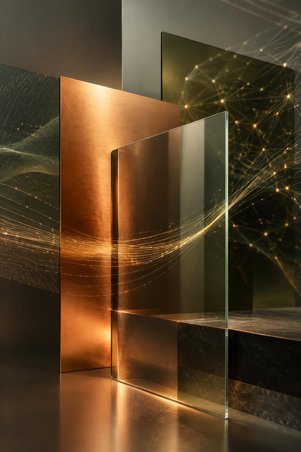 Copper and glass panels with flowing data patterns representing AI and technology in wealth management