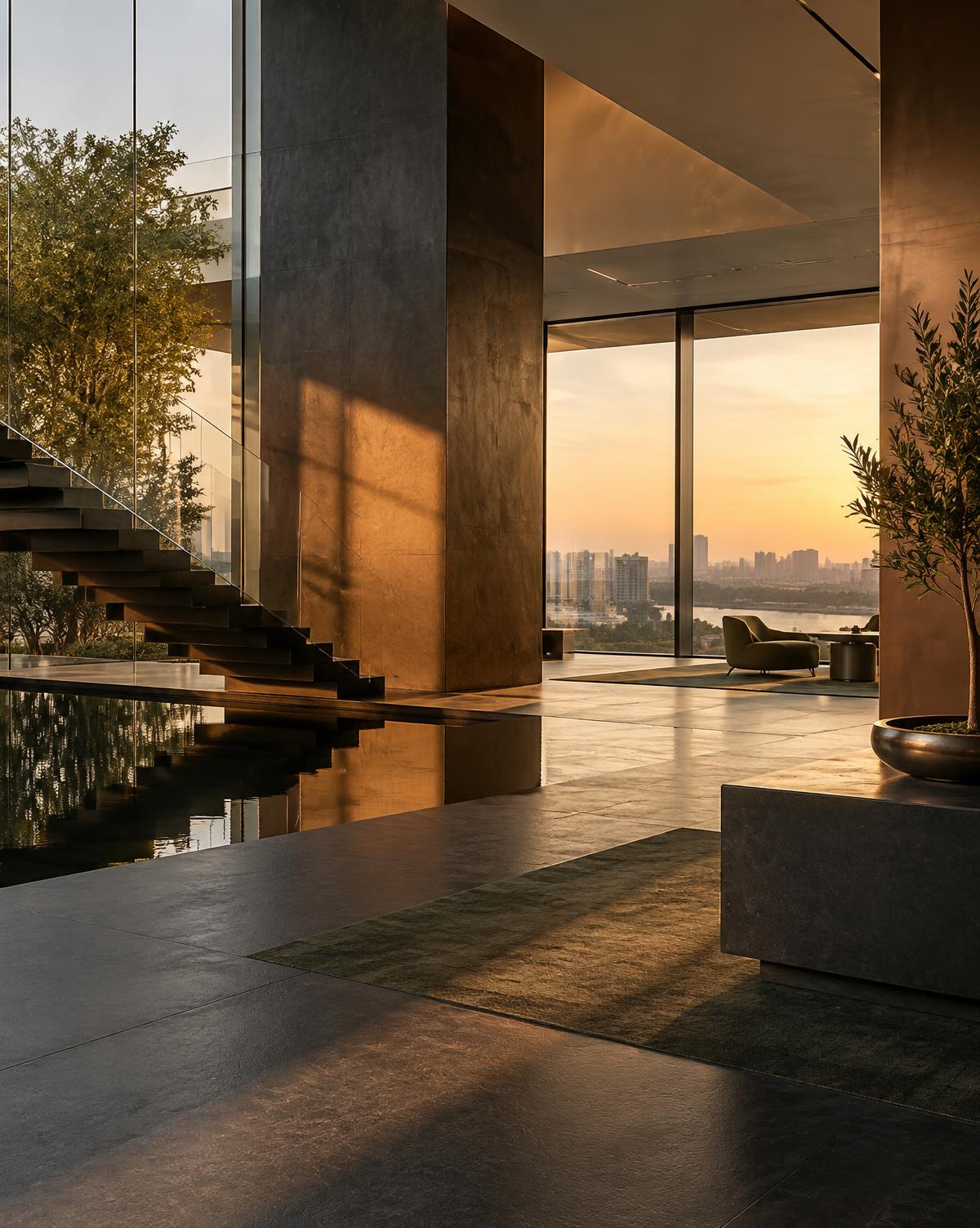 Modern architecture illuminated by warm evening light